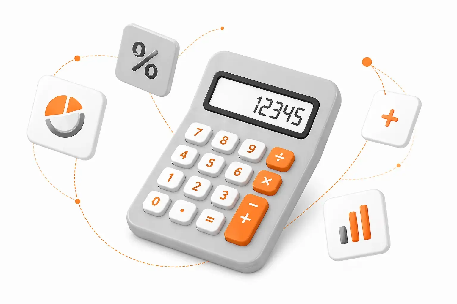 Ilustração da Calculadoras Gratis com calculadora 3D ícones de porcentagem gráficos e operações matemáticas.